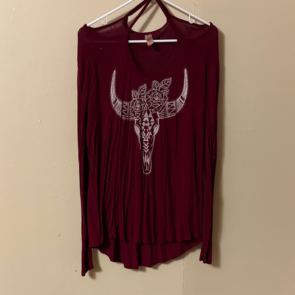 No Boundaries Burgundy Long Sleeve Top with Skull Design